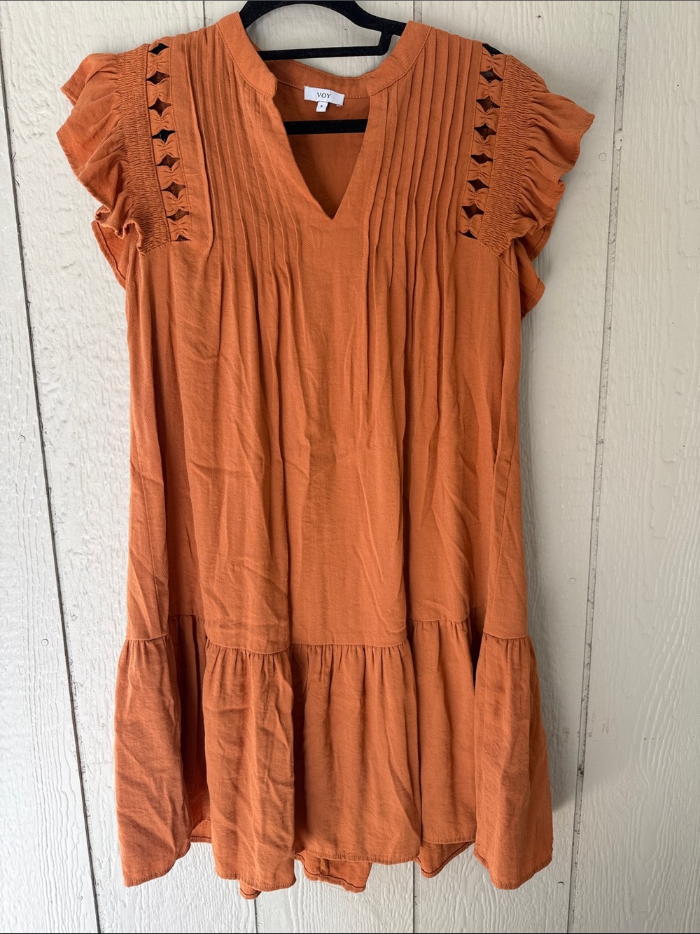 VOY Rust Orange Pintuck Flutter Sleeve Tunic Dress